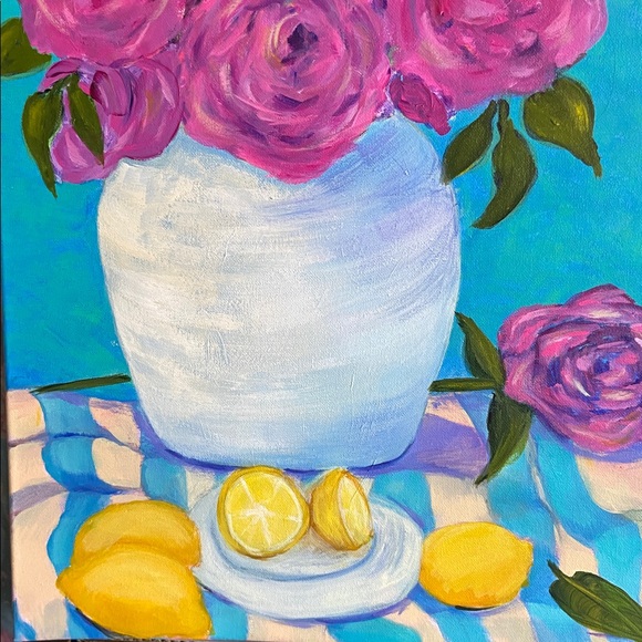 Original artwork Pink Roses in White Vase Floral Painting With Stripe Fabric - Picture 4 of 4